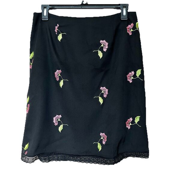 VTG Alberto Makali Skirt 10 Dark Floral Embroidered Midi Lace Trim Zip Up - Picture 1 of 7
